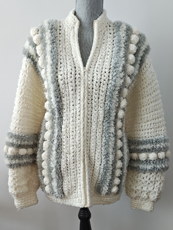 Gabi Sweaters - Vintage Puff Pom Pom Chunky Knit Zip Up Sweater Cream Grey Small